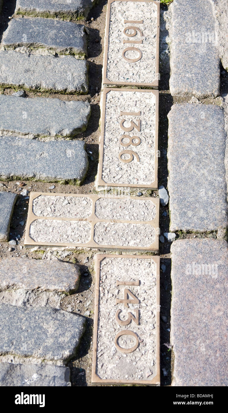 Dated cobbles in Edinburgh's Royal Mile signifying the boundaries of the City Tolbooth (prison) through the centuries. Stock Photo