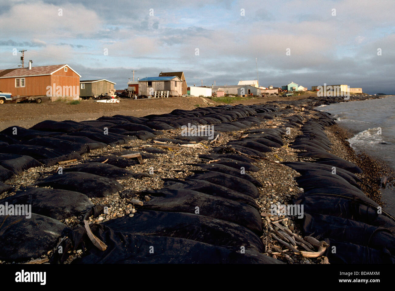 Sandbags / Sand Bags along Shore to prevent Erosion of Coast from Beaufort Sea, Tuktoyaktuk, Northwest Territories Arctic Canada Stock Photo
