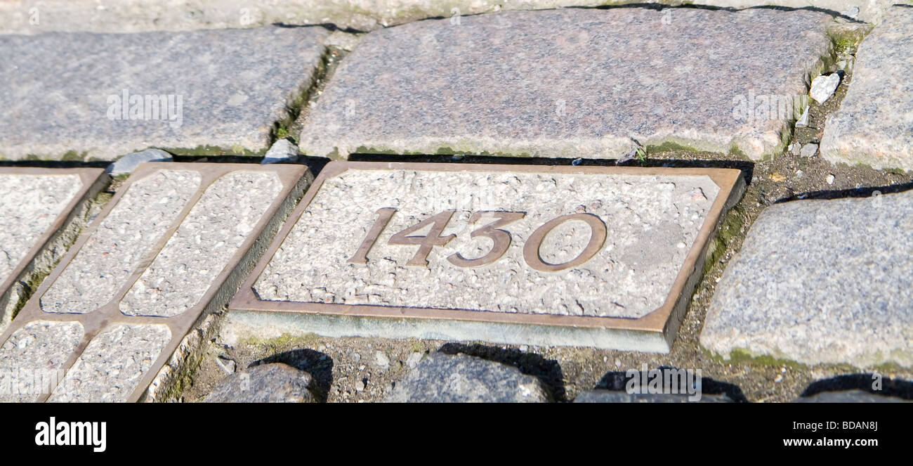Dated cobbles in Edinburgh's Royal Mile signifying the boundaries of the City Tolbooth (prison) through the centuries. Stock Photo