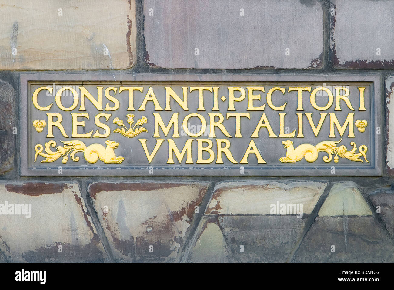 Latin inscription panels set in ancient stone walls. The Latin script