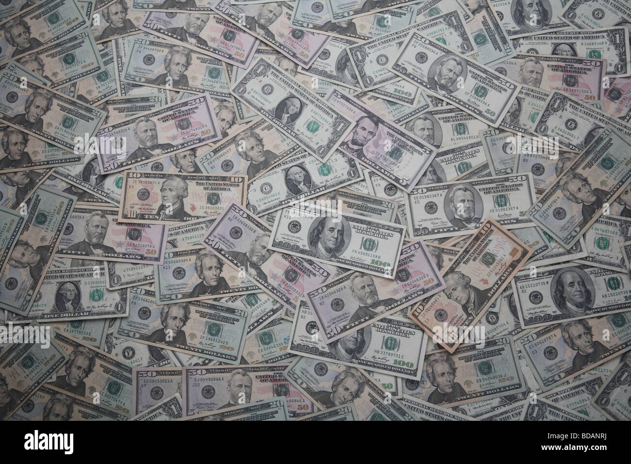 An arrangement of common American currency denominations. Stock Photo
