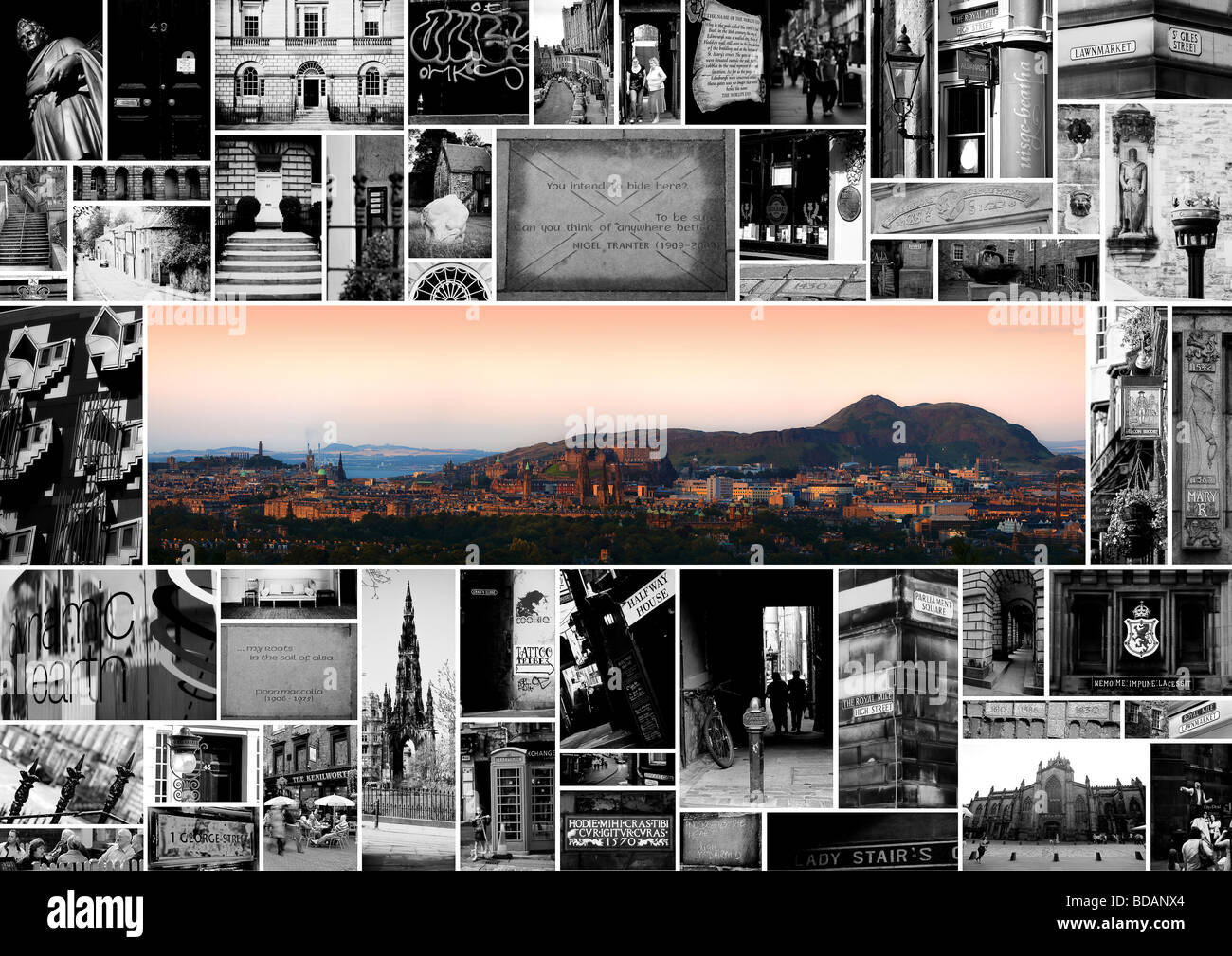 Edinburgh; composites and panorama. A selection of images from in and around the Old Town & New Town with a panorama centrepiece Stock Photo