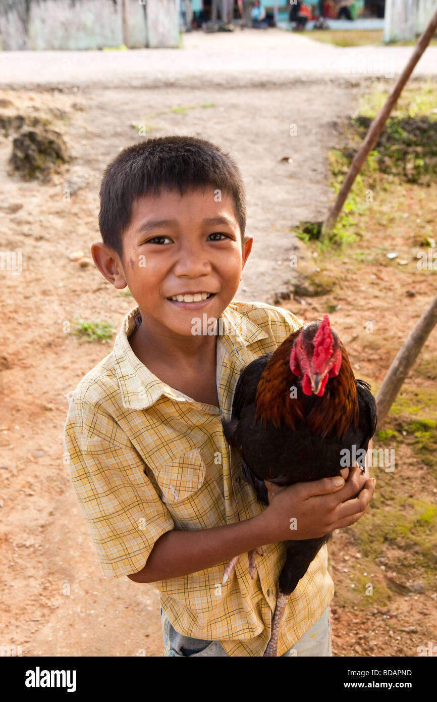 Indonesia Sulawesi Operation Wallacea Labundo Bundo child holding domestic chicken Stock Photo