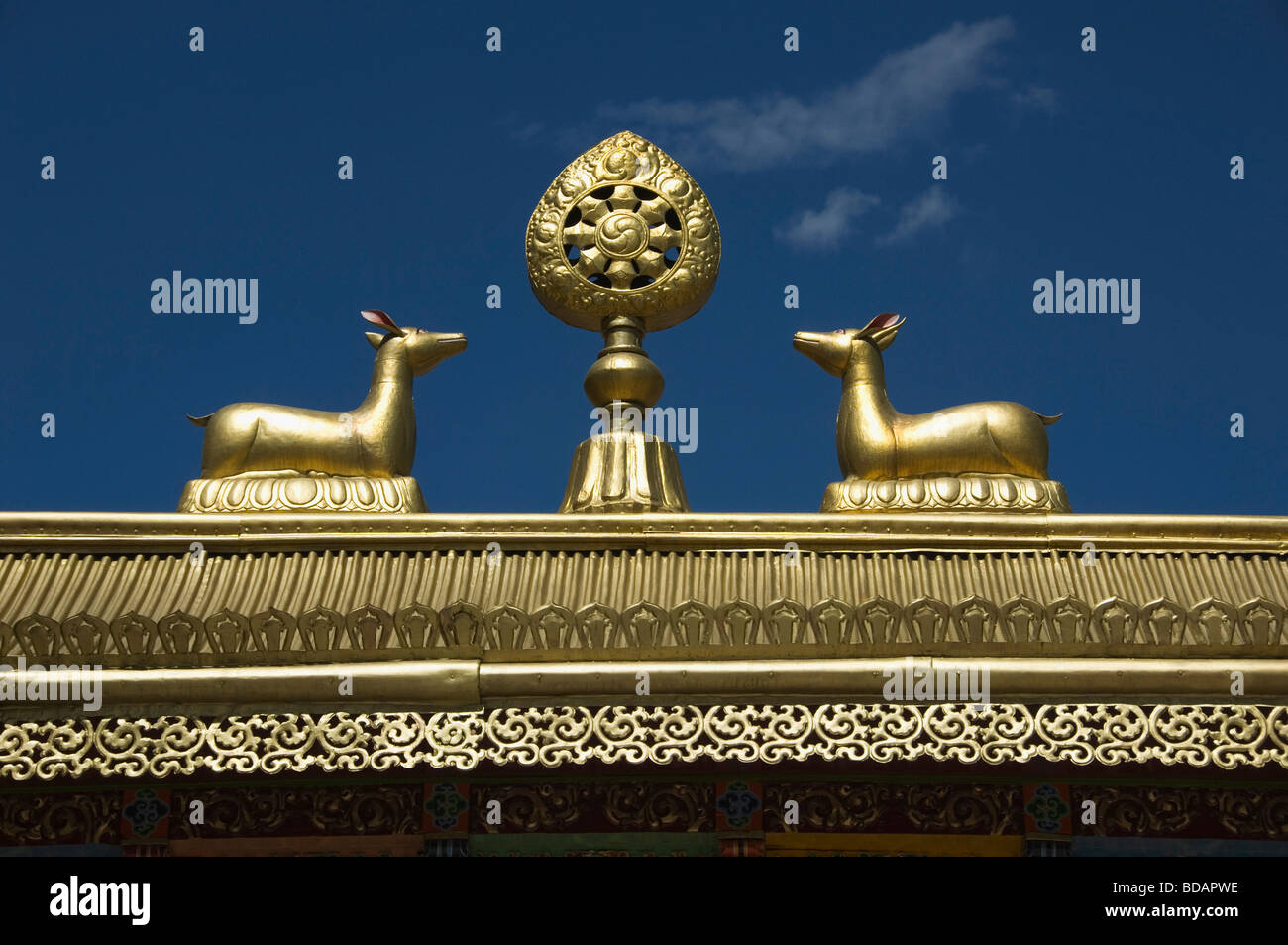 Religious symbols at the top of entrance gate of monestary, Thiksey Monastery, Ladakh, Jammu and Kashmir, India Stock Photo