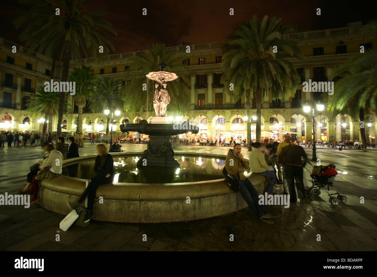 Fountain at Plaça Reial in the city of Barcelona in Spain Stock Photo