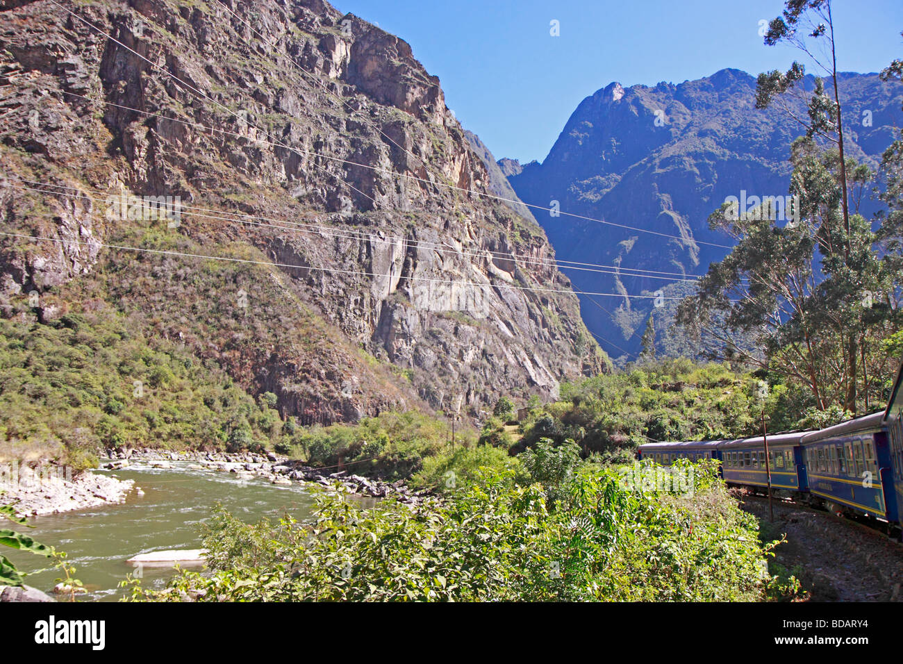 traveling by train through Urubamba Valley, Cuzco, Peru, South America Stock Photo