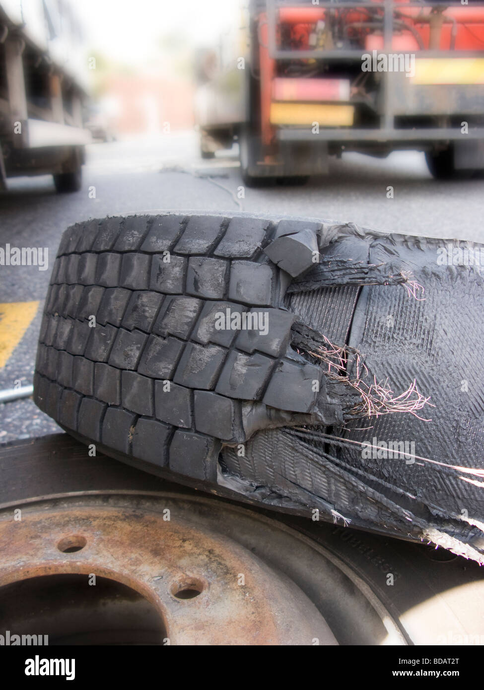 blow out on a lorry wheel Stock Photo