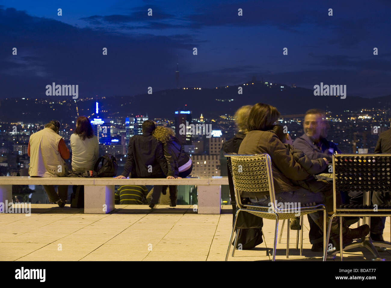 Night view over Plaça d'Espanya and some parts of the Sants-Montjuïc located in the City Barcelona in Spain Stock Photo