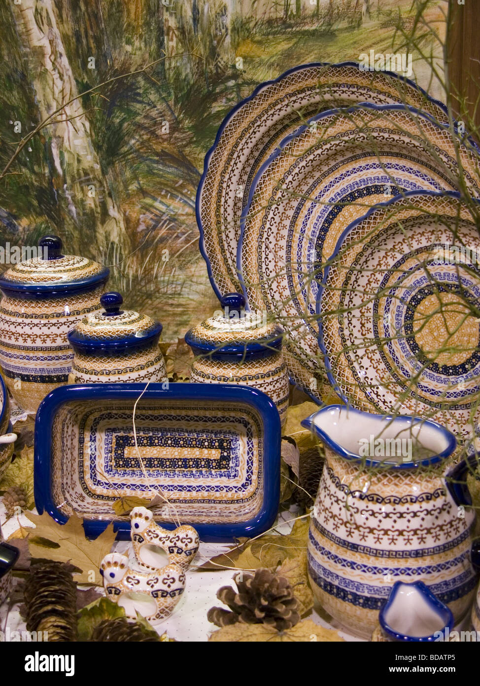 Pottery from Bolesławiec,Pottery, Bolesławiec, dishes, tableware, plates, pottery from Boleslawiec, Poland, manufacture, jug, di Stock Photo