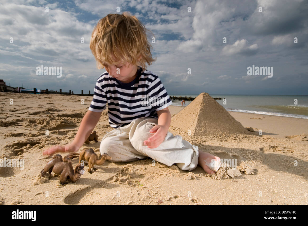 Small boy plays with toy camels at the seaside Stock Photo