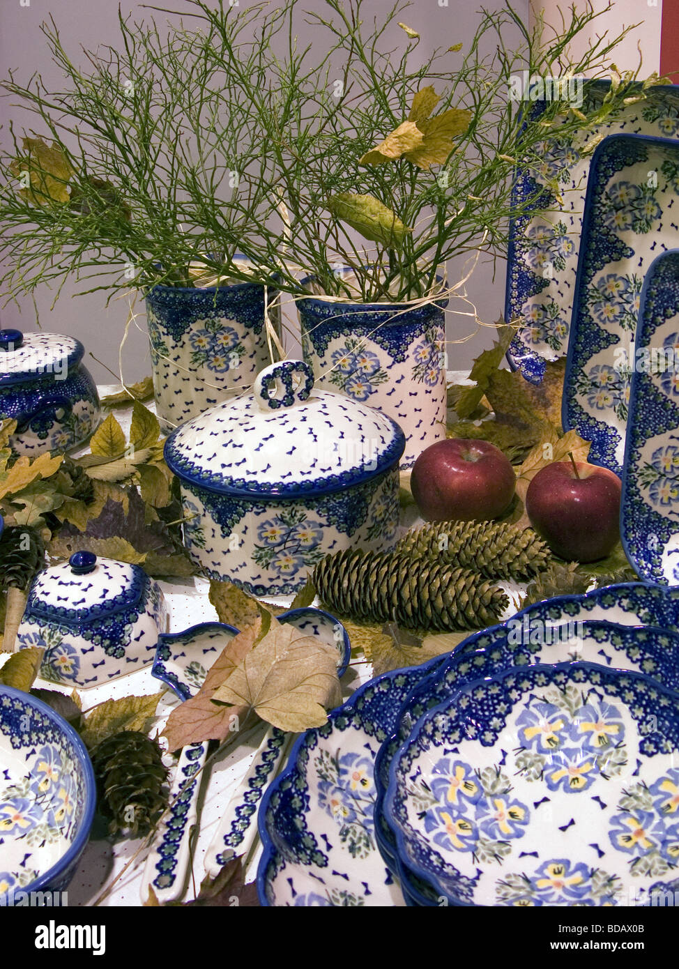 Pottery from Bolesławiec,Pottery, Boleslawiec, dishes, tableware, plates, pottery from Bolesławiec, Poland, manufacture, jug, di Stock Photo