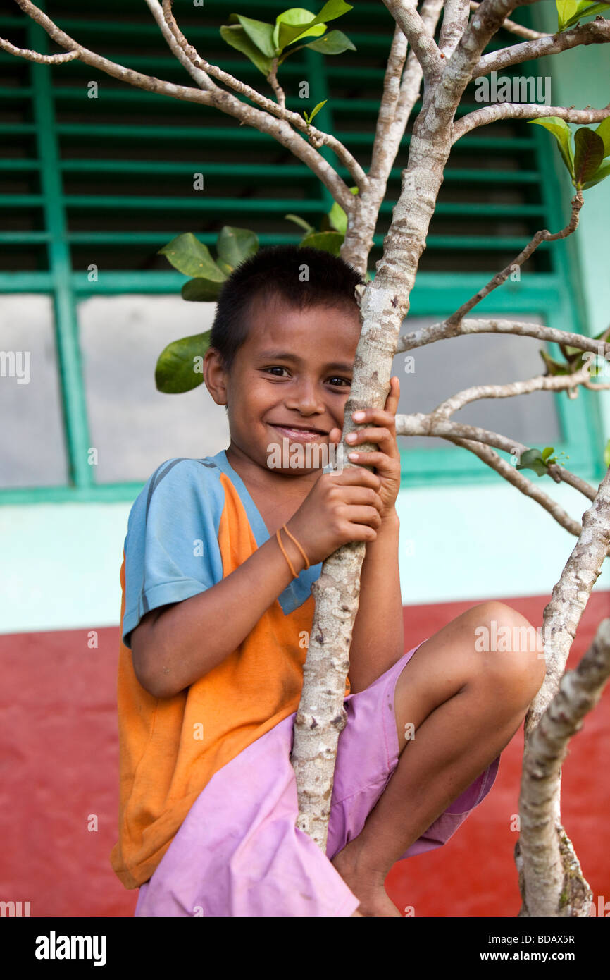 Indonesia Sulawesi Buton Labundo Bundo young boy up tree watching football game on school pitch Stock Photo