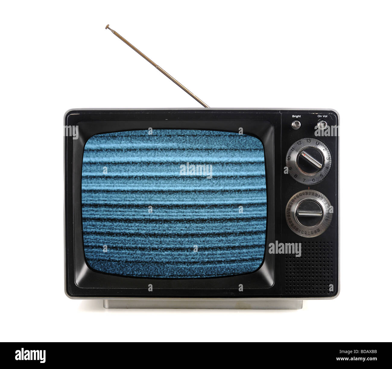 Vintage television with snow bands and patterns isolate over white Stock Photo