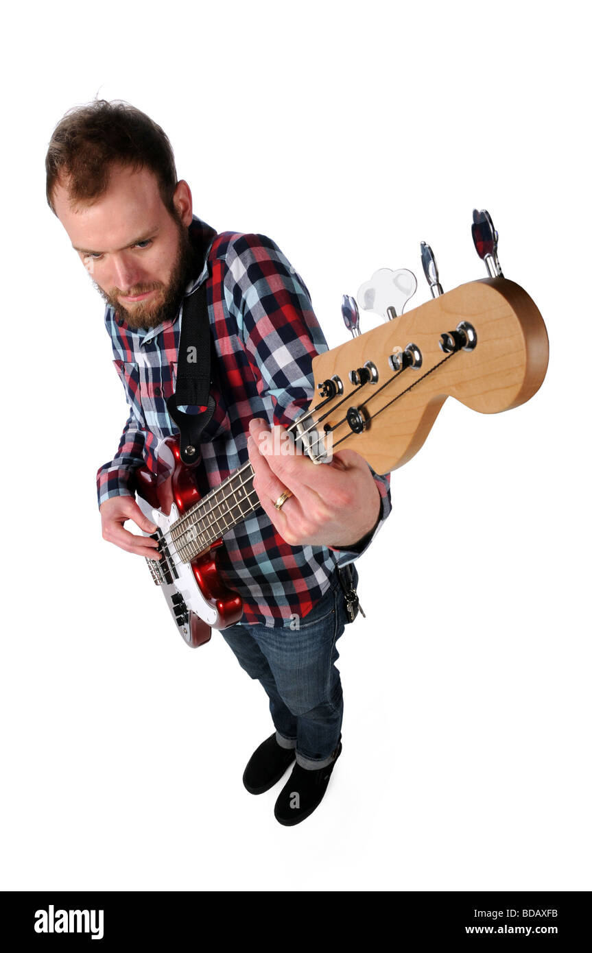 Guitar player viewed from high angle isolated over white Stock Photo