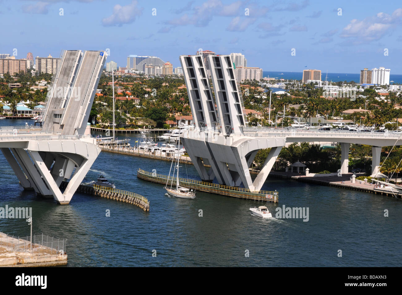 Ft Lauderdale bridge lifting to allow ships get across Stock Photo