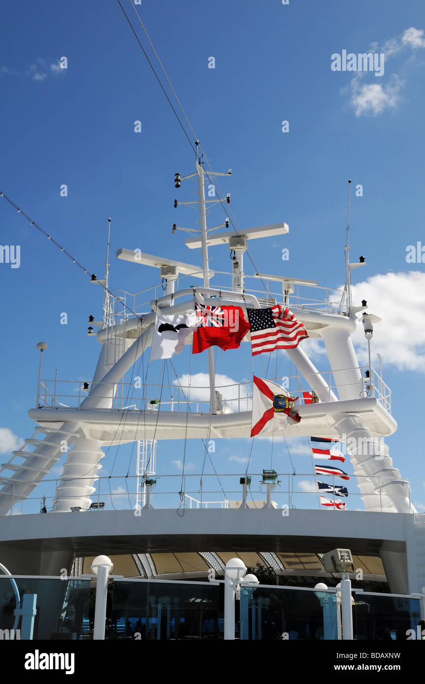 Cruise Ship Tower With The British Red Ensign Flags Of The United States And The State Of Florida Stock Photo Alamy