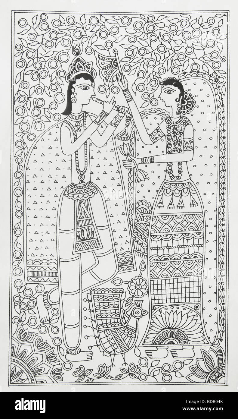 Madhubani painting depicting lord Krishna and radha Stock Photo