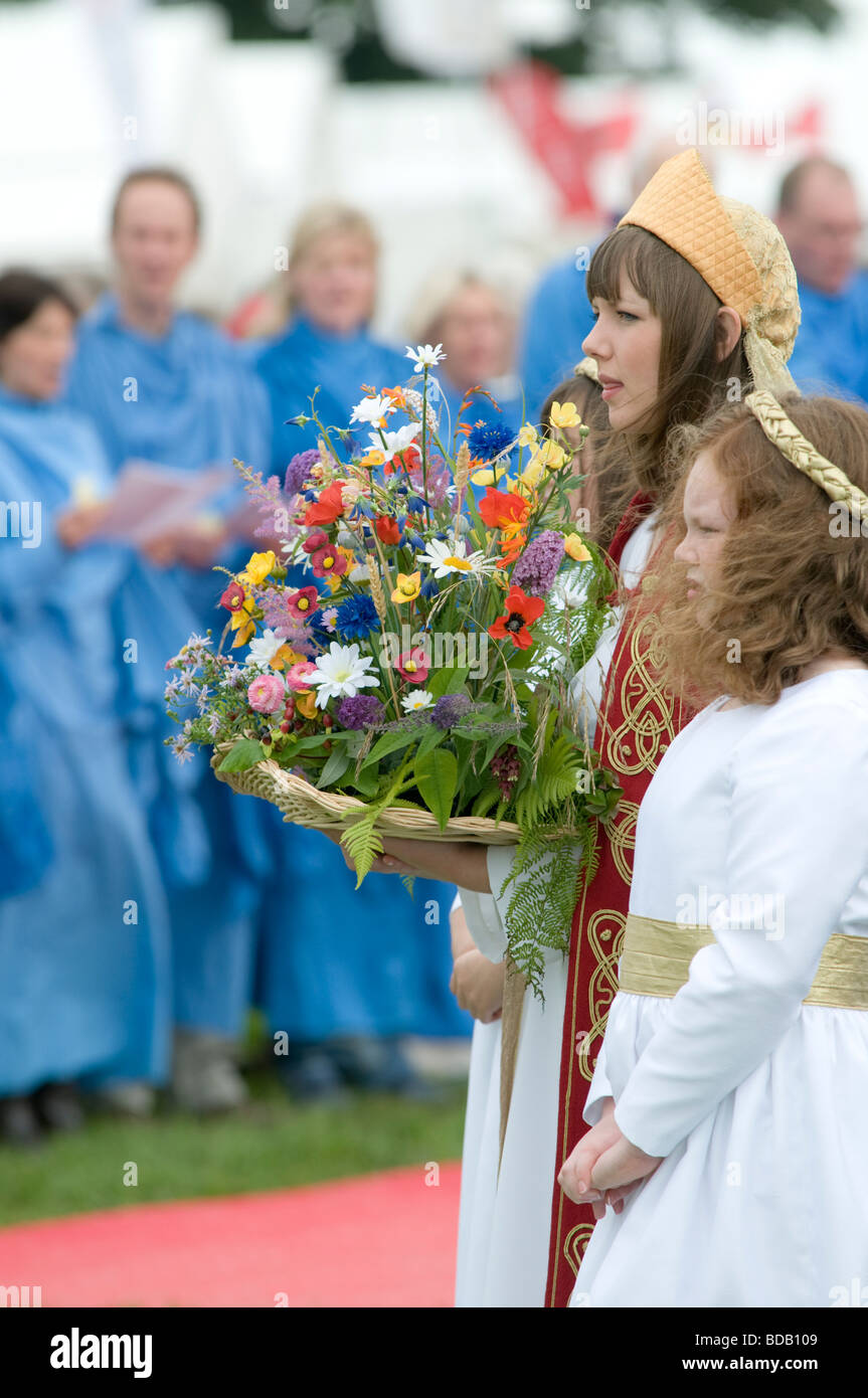 Flower carrier at the The Gorsedd of the Bards ceremony at the National Eisteddfod of Wales Bala Gwynedd August 2009 Stock Photo