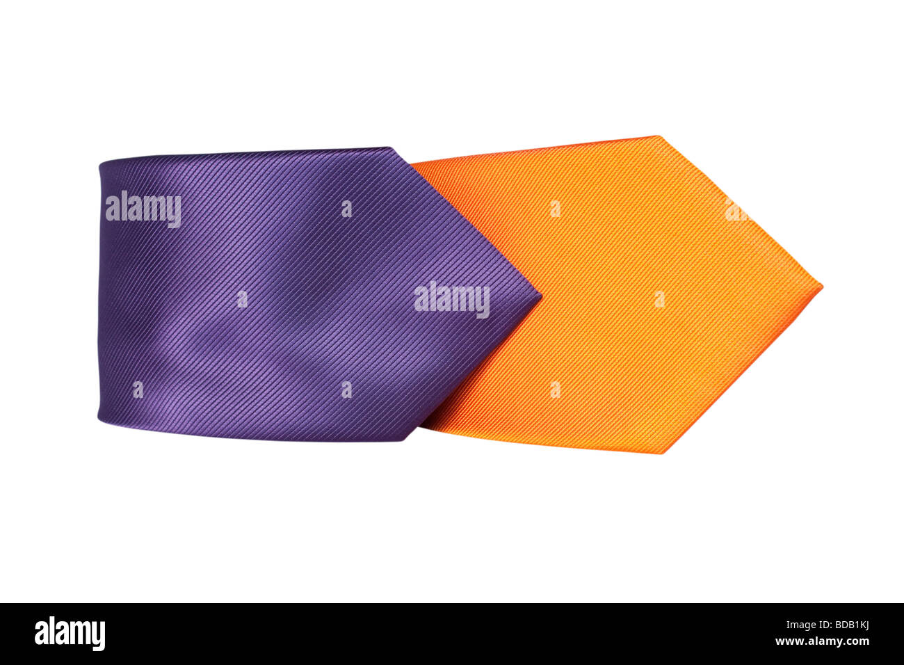 Violet and orange rolled up neck ties isolated over white background. Stock Photo