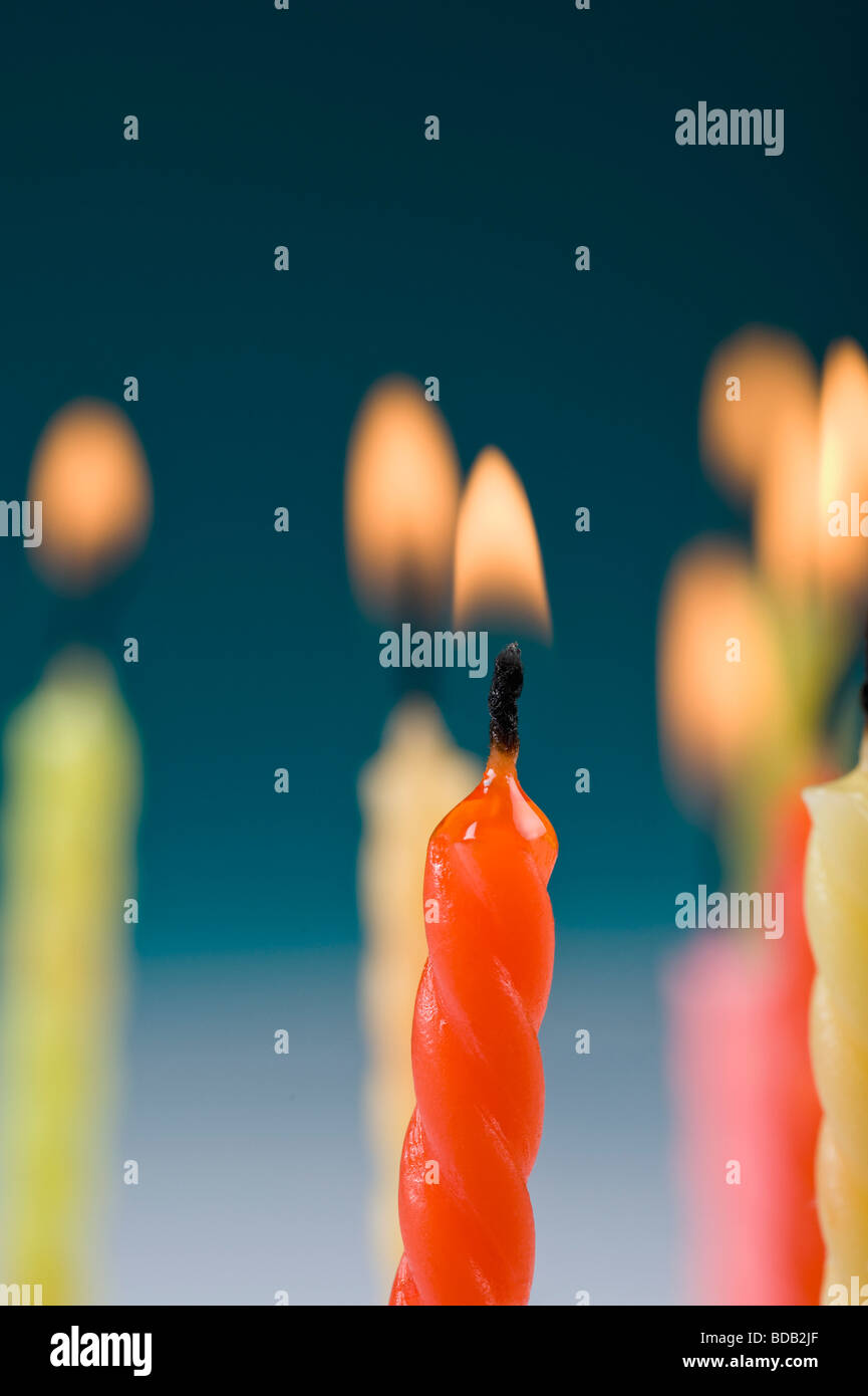 Closeup of burning birthday candles Stock Photo Alamy