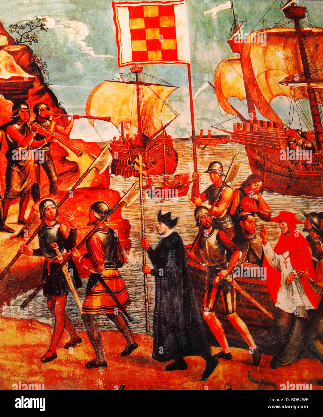 Painting depicting Spanish conquistadors landing on foreign soil Stock Photo