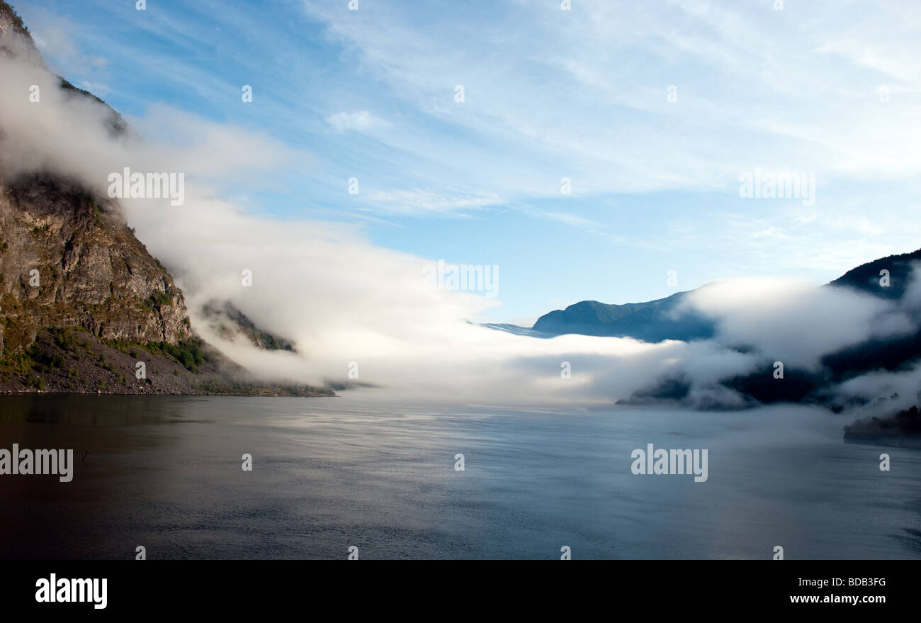 Morning mist over the fjord at Flam, Norway Stock Photo