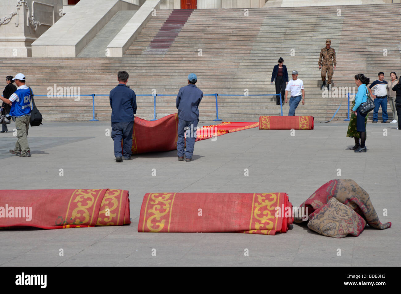 Rolling out the red carpet for a ceremony at the Government House, Ulaan Baatar, Mongolia Stock Photo