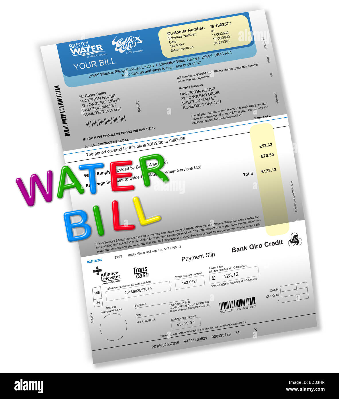 Water bill on white with ‘WATER BILL’ spelt out by magnetic fridge letters. Stock Photo