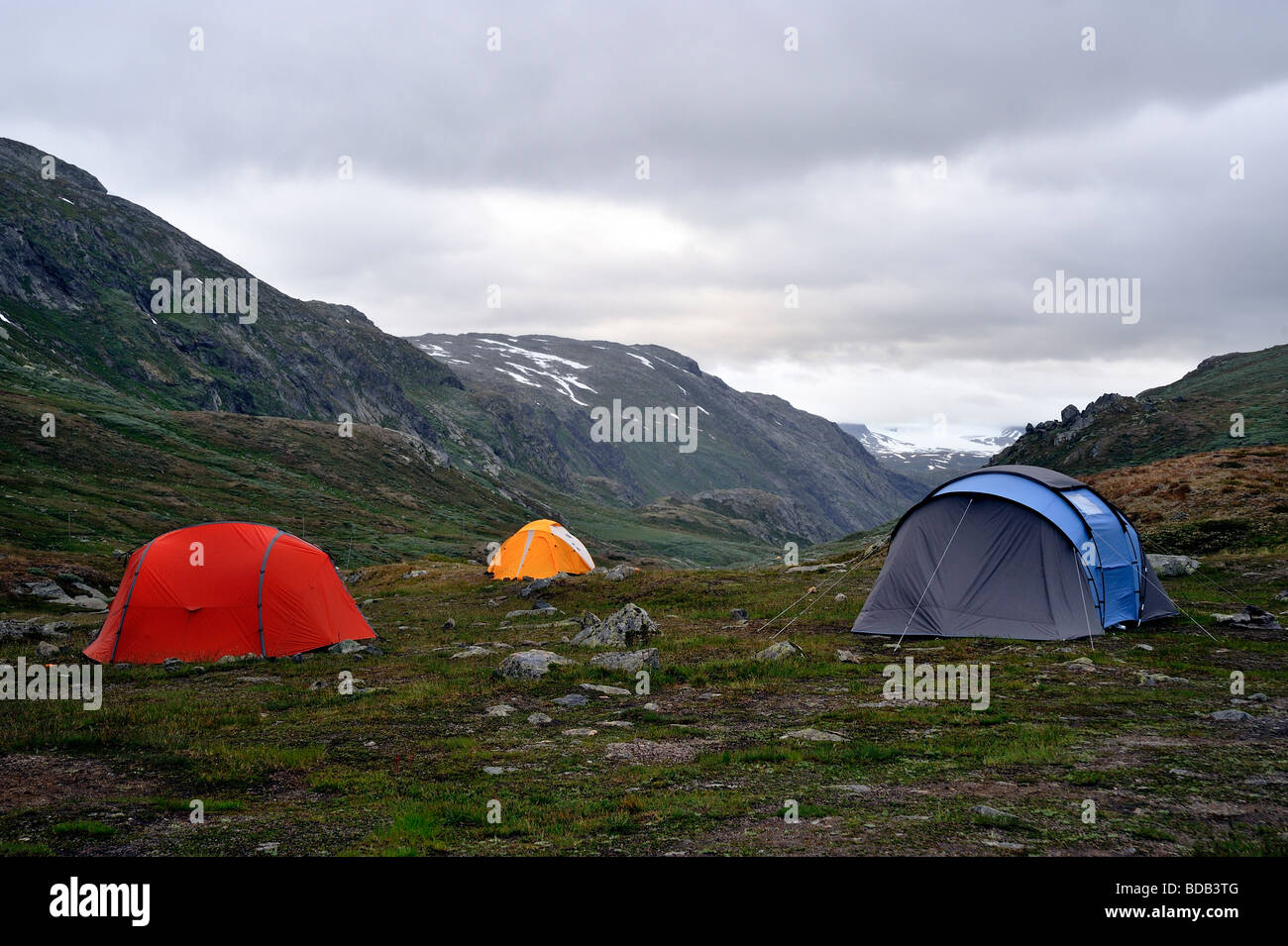 Tents in the mountains at the Hardangervidda National park, Norway Stock Photo