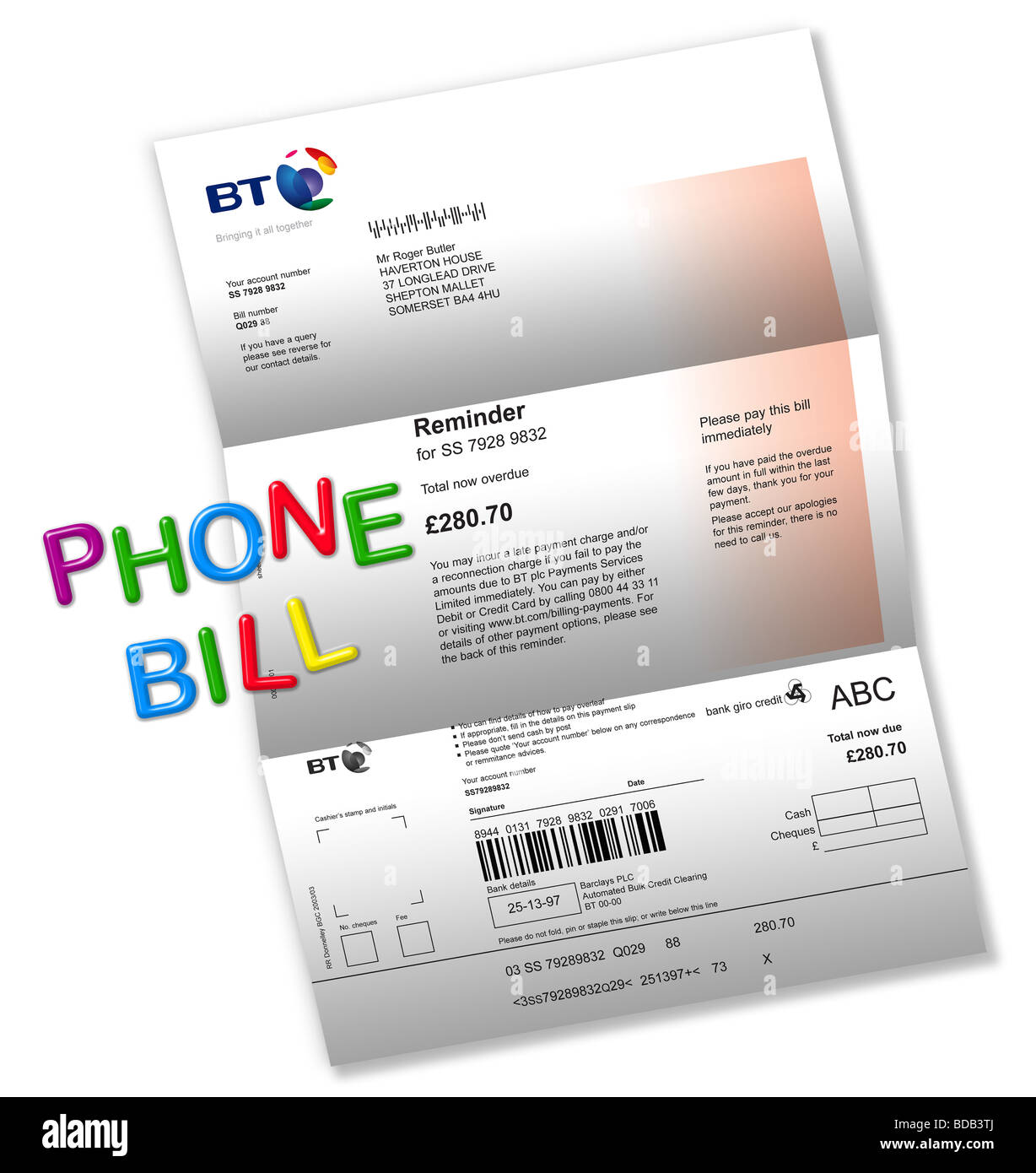 Telephone bill on white with ‘PHONE BILL’ spelt out by magnetic fridge letters. Stock Photo