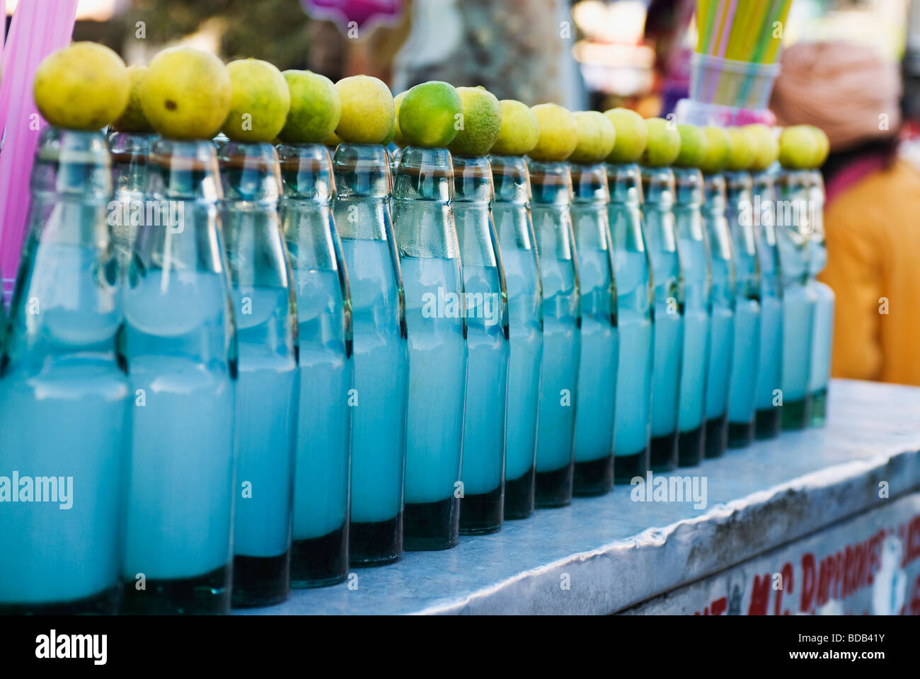 Cold drink bottles on a stall, New Delhi, India Stock Photo