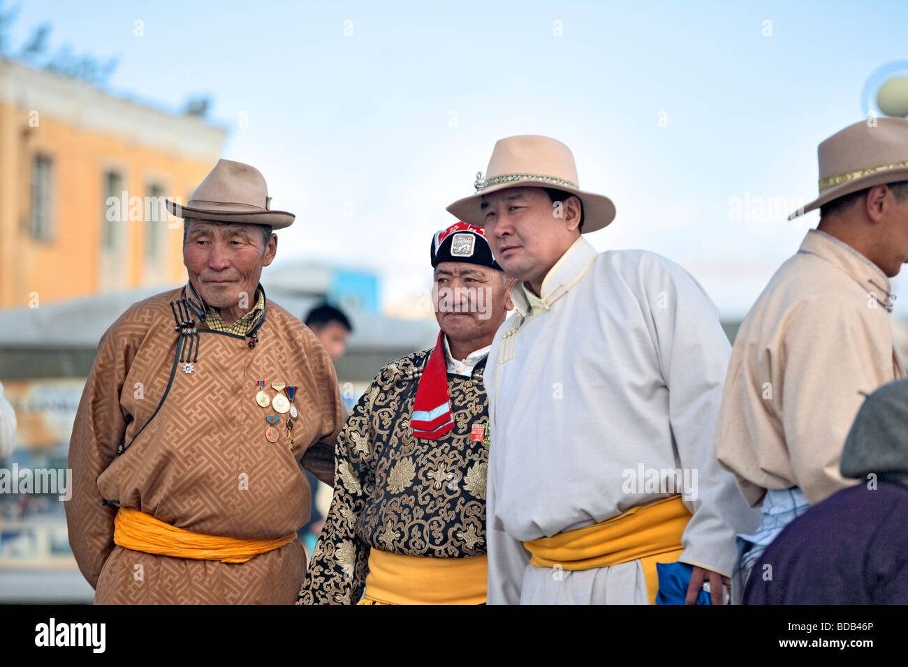 Mongolian men dressed in their finery for a wedding, Ulaan Baatar, Mongolia Stock Photo