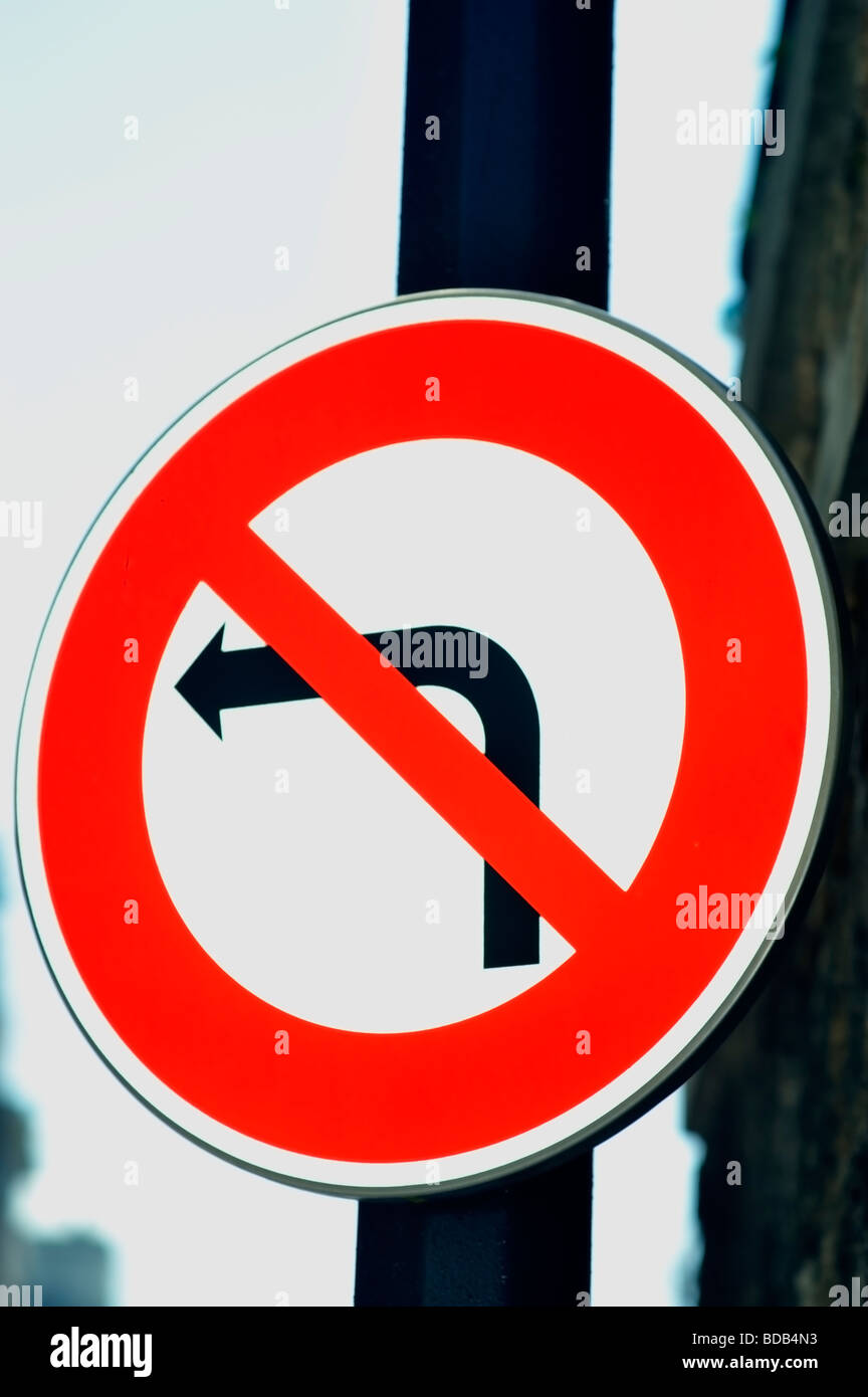 Street Detail Road Sign "No Left Turn" Symbol Warning Stock Photo