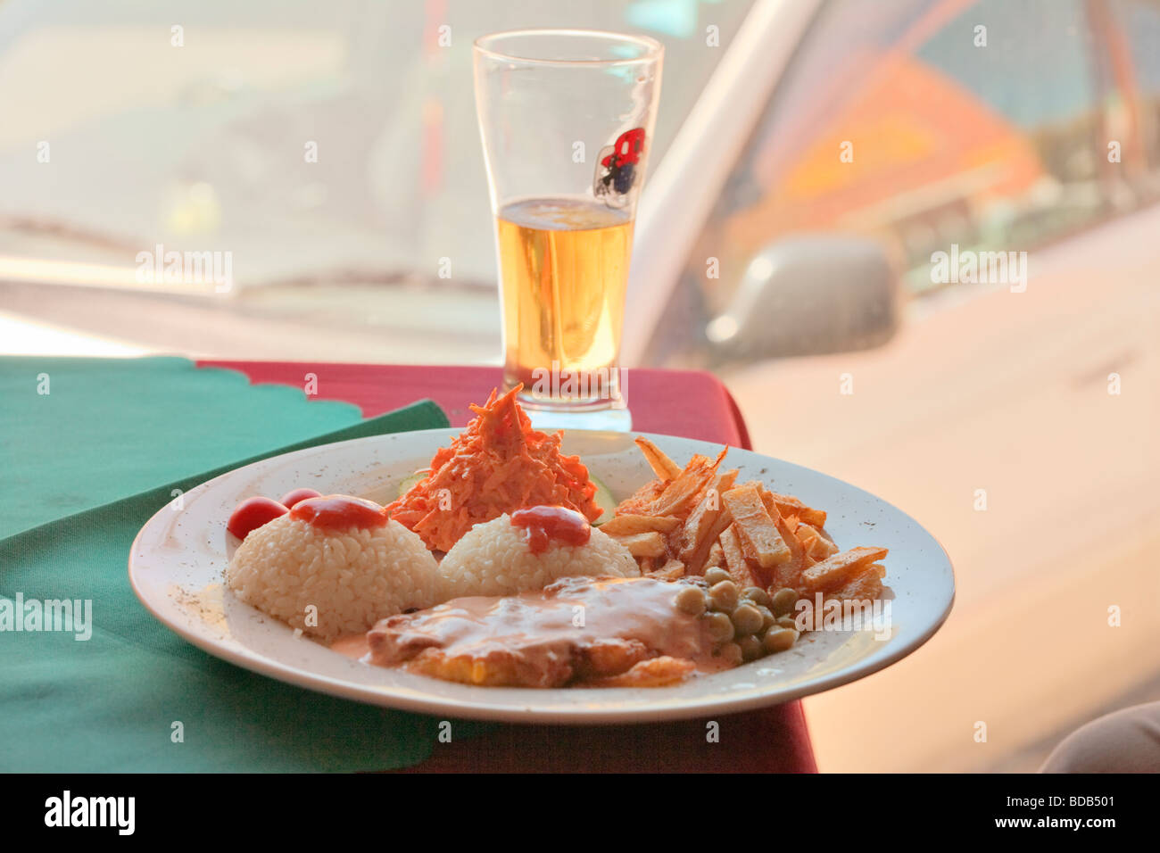Russian food and Mongolian beer served in a restaurant in Ulaan Baatar, Mongolia Stock Photo