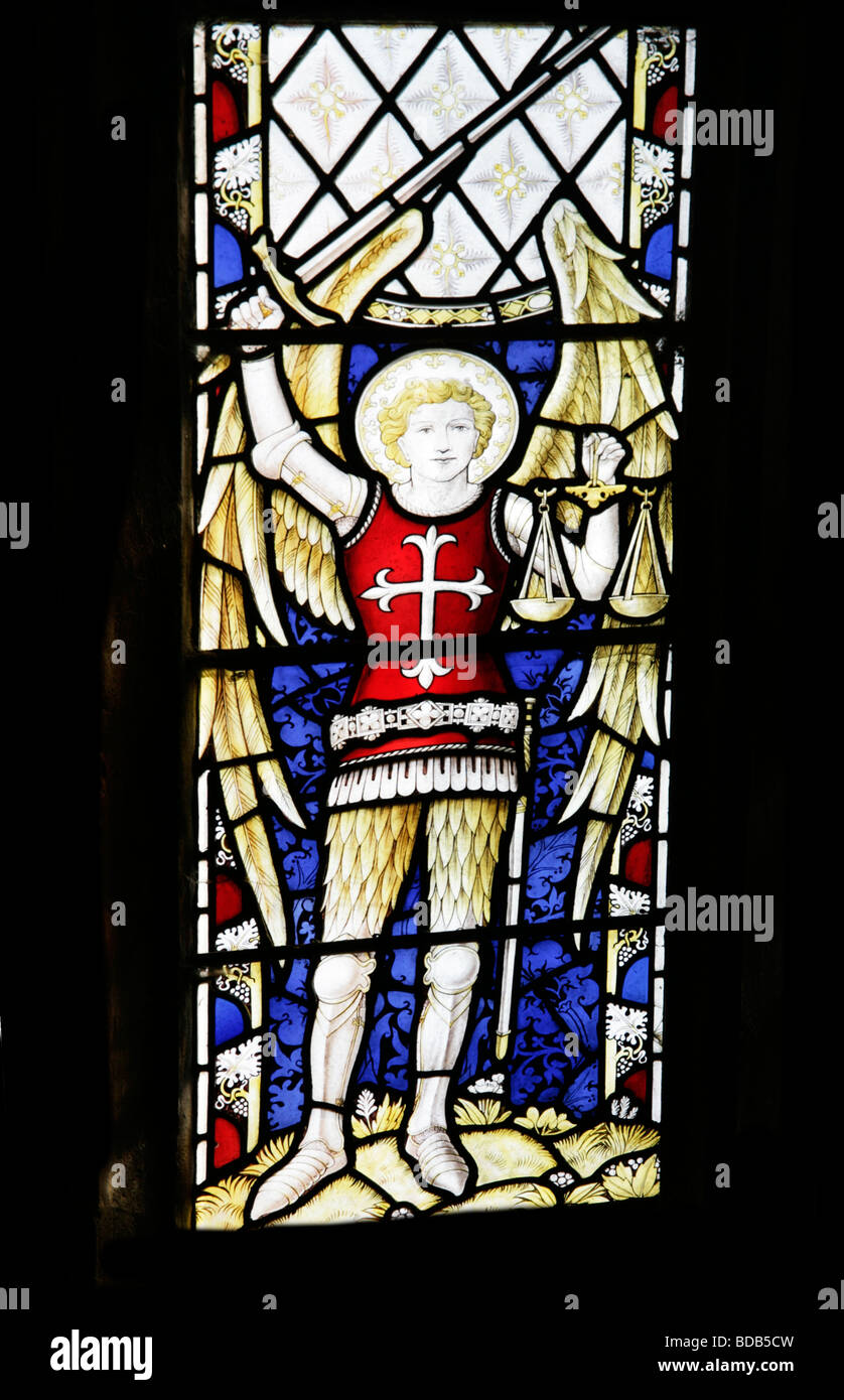 Stained Glass Window of 1931 by Jones and Willis Depicting Saint Michael the Archangel Earls Barton Church Northamptonshire Stock Photo