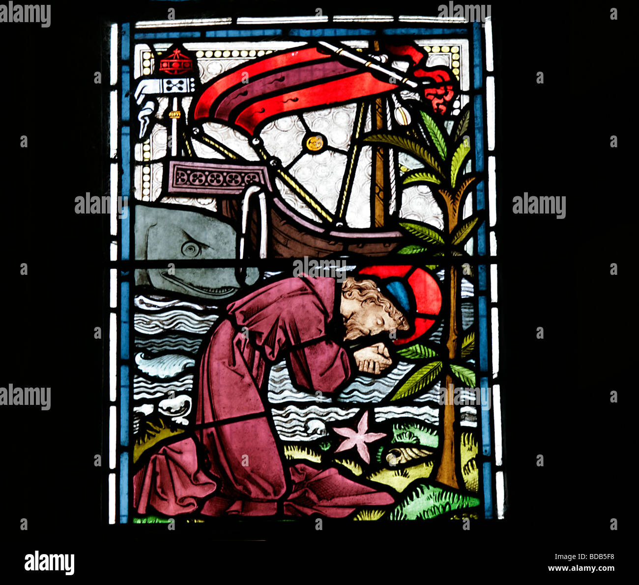 Stained Glass Window depicting Jonah 2 10 Jonah cast onto dry land Stock Photo Alamy