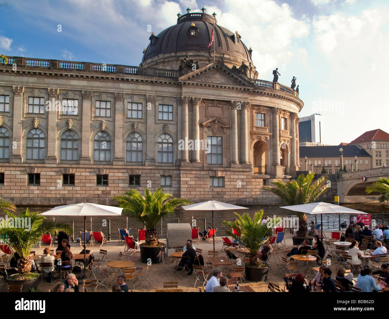 Berlin Spree Strandbar Mitte at river Spree Bode Museum beach bar  Stock Photo