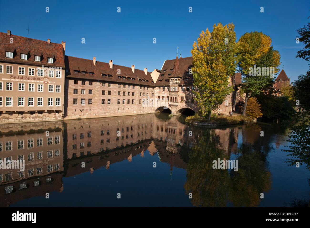 Old City Center of Nuernberg in autumn Heilig Geist Spital river Pregnitz Nuernberg Germany Stock Photo