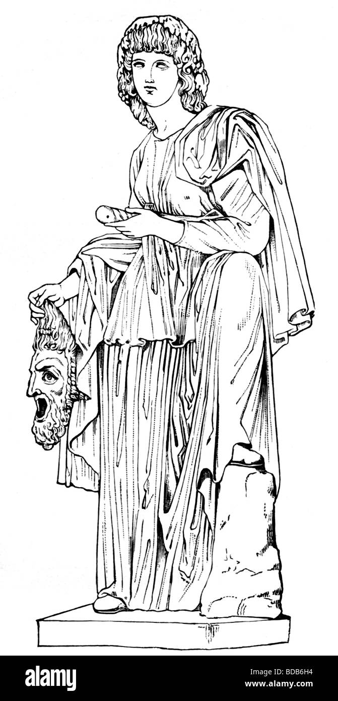 The Muse Melpomene,  a patron of the arts, presided over tragedy, hence a mask worn by actors in tragedies in her hand. Stock Photo