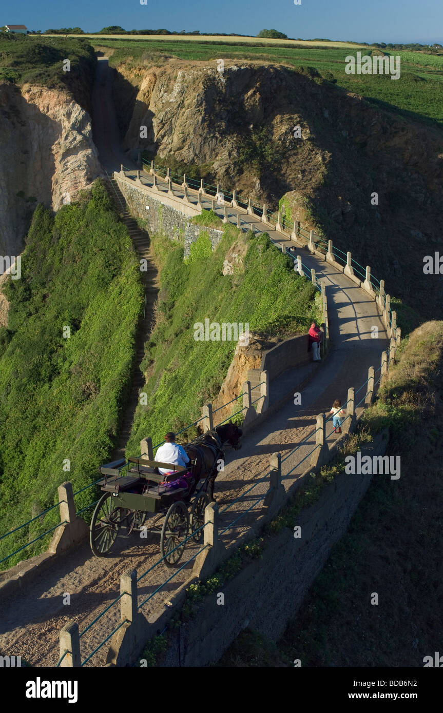Horse carriage crossing the narrow isthmus of La Coupée, Island of Sark, Channel Islands Stock Photo