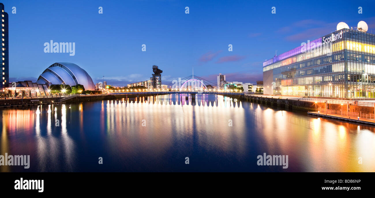 Scottish Exhibition and Conference Centre viewed over the River Clyde at dusk Glasgow Scotland Stock Photo