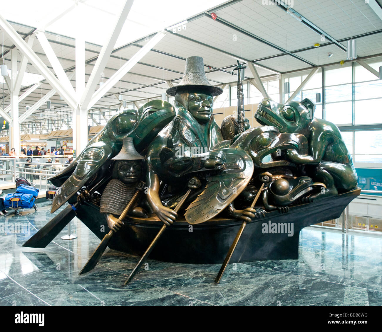 The Bill Reid sculpture, The Spirit of Haida Gwaii, at the Vancouver International Airport.  Vancouver BC, Canada. Stock Photo