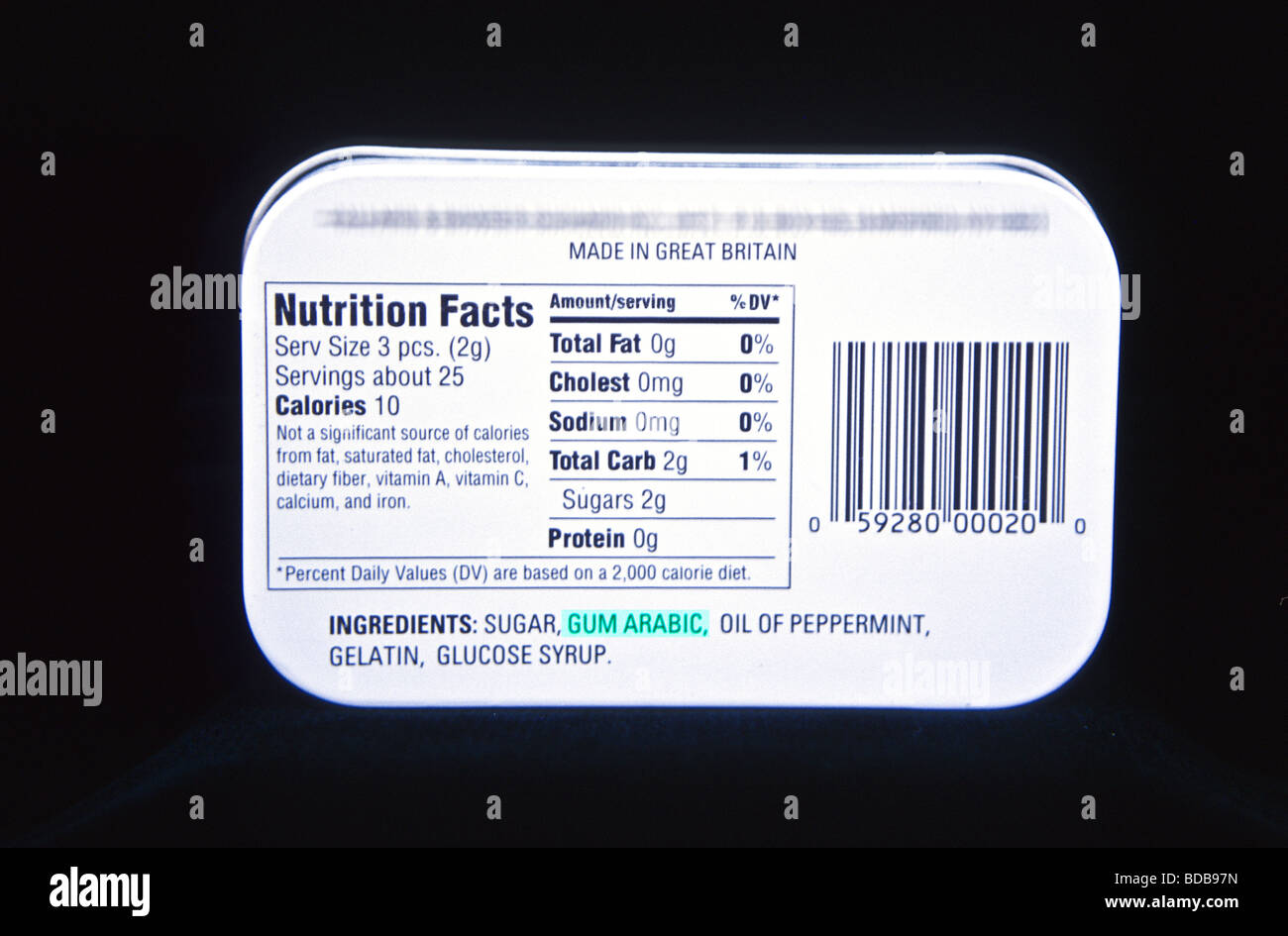 Gum Arabic as Ingredient in a Popular Mint Stock Photo Alamy