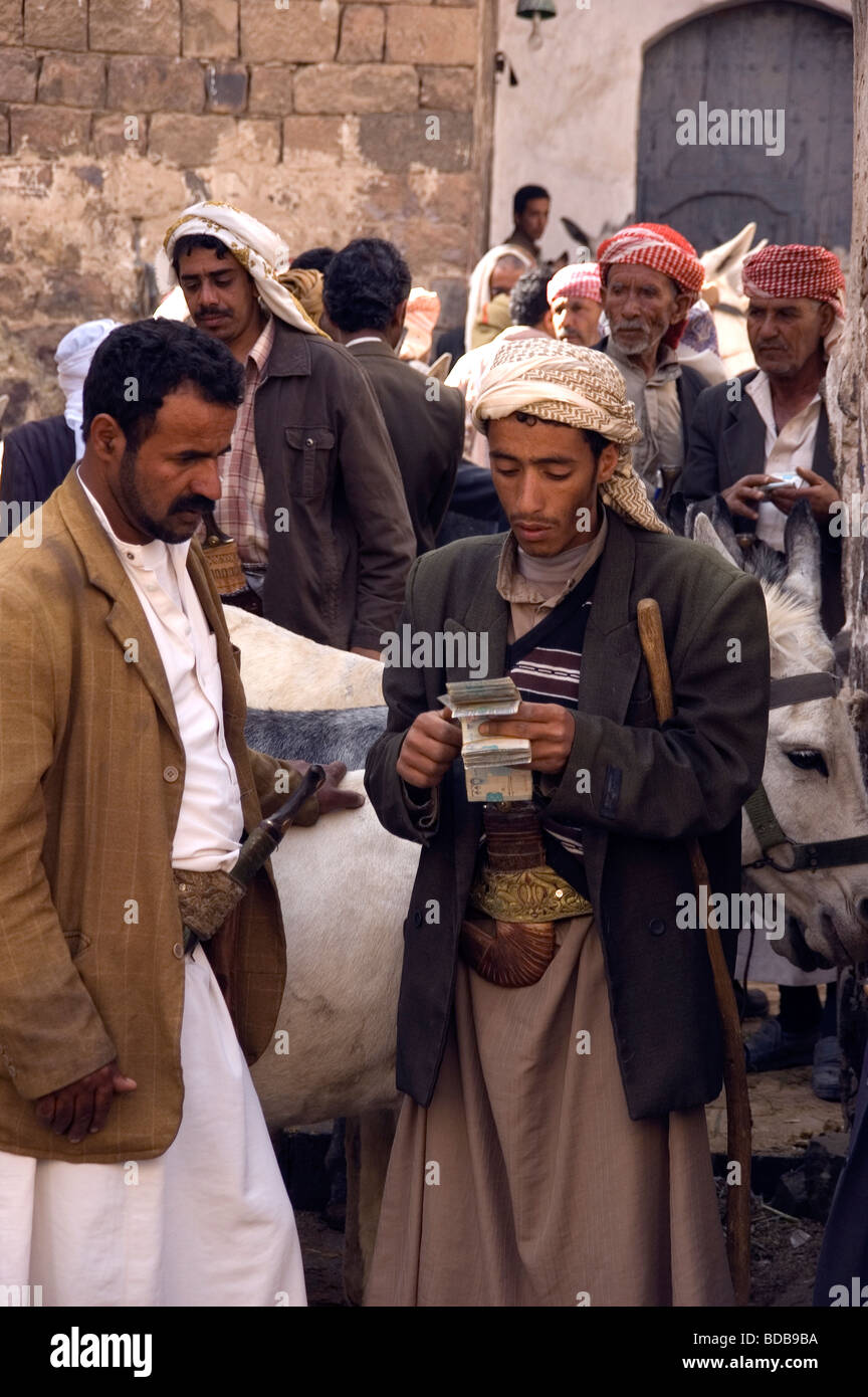 A man purchasing a donkey from a merchant counting his money, at the donkey market in the souq of the old city of Sana'a, Yemen. Stock Photo