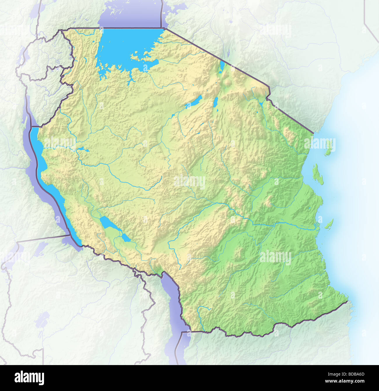 Tanzania, shaded relief map. Stock Photo