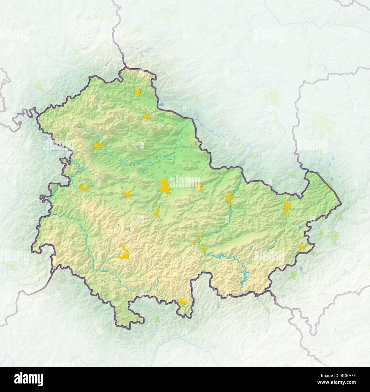 Thuringia (Thüringen), german federal state, shaded relief map. Stock Photo