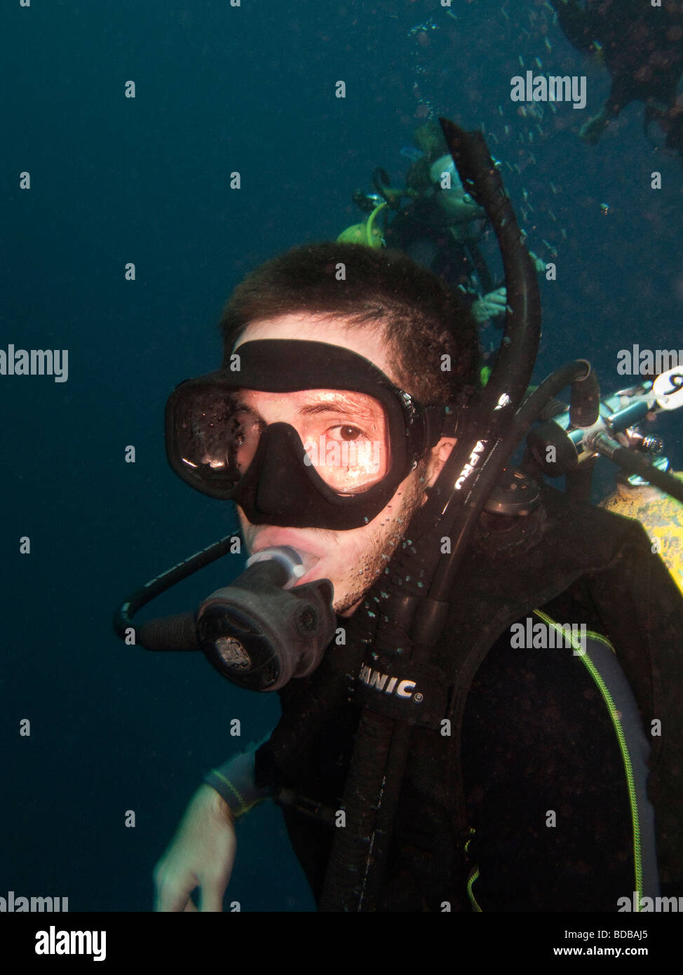 Indonesia Sulawesi Wakatobi National Park young student PADI open water scuba diver underwater Stock Photo