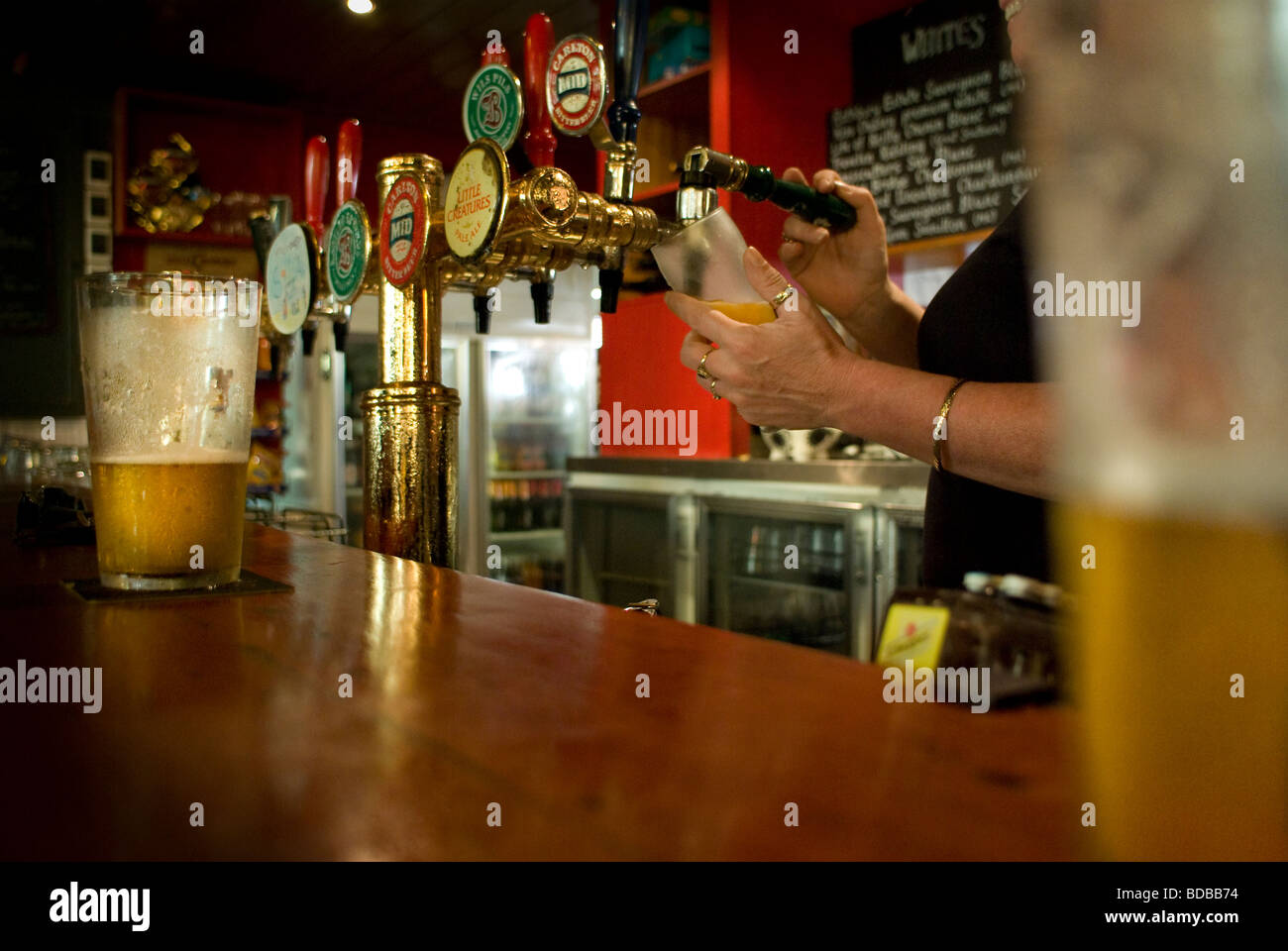 Bar counter at an Australian hotel showing beer glasses, beer taps