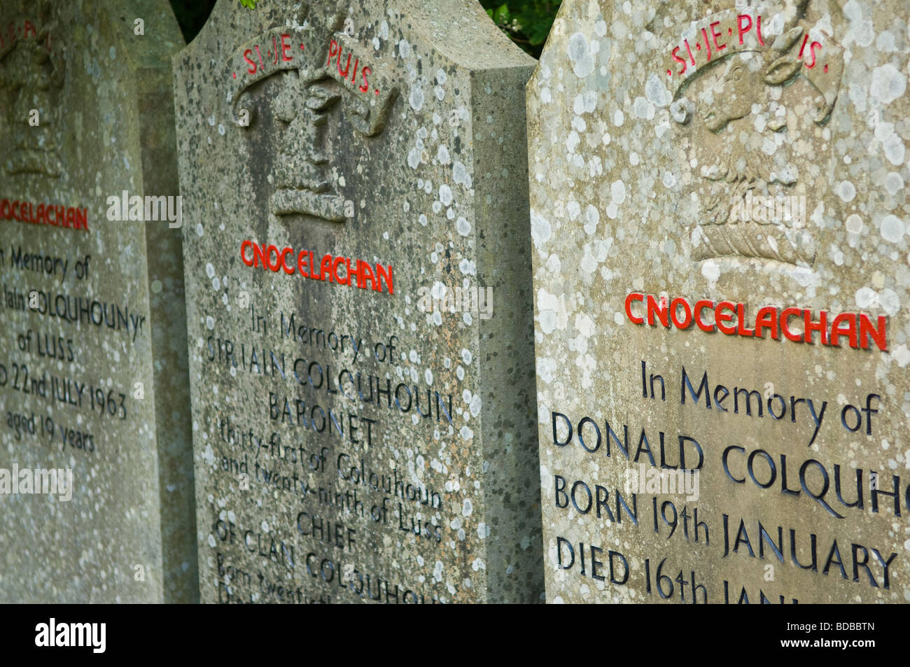 Grave stones to the chiefs of the Clan Colquhoun, buried at Luss church, Luss in Scotland Stock Photo