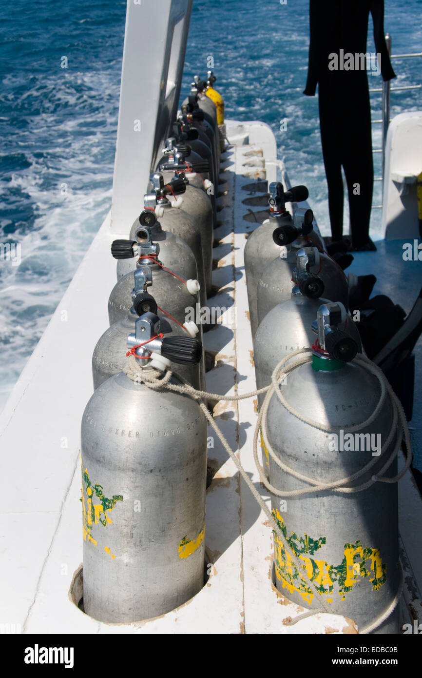 Scuba diving cylinders or tanks or a diving boat Red Sea Egypt Stock